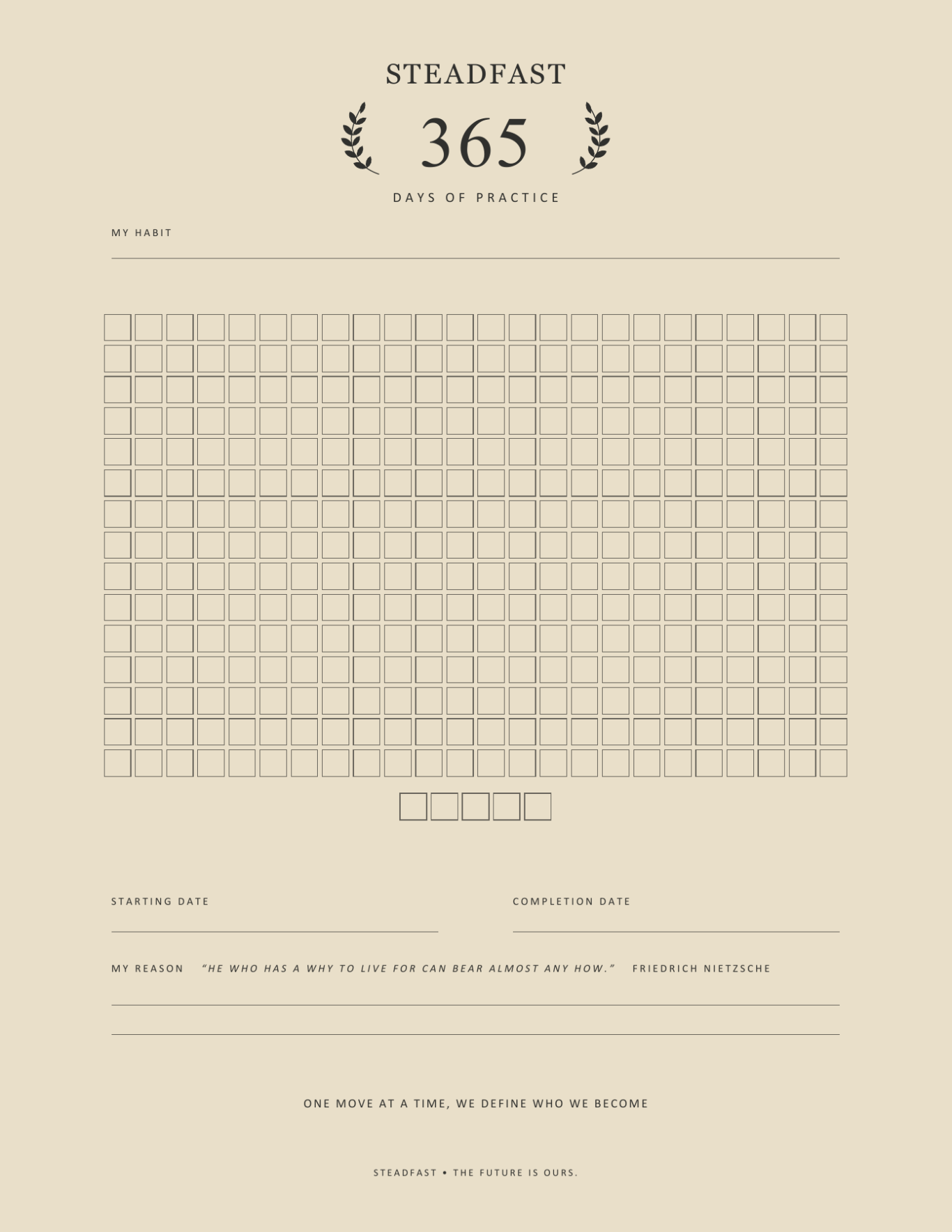 Discipline Tracker — approved preview STEADFAST 365 Days of Practice tracker, with a habit field, daily boxes, and reflection lines on a parchment background.