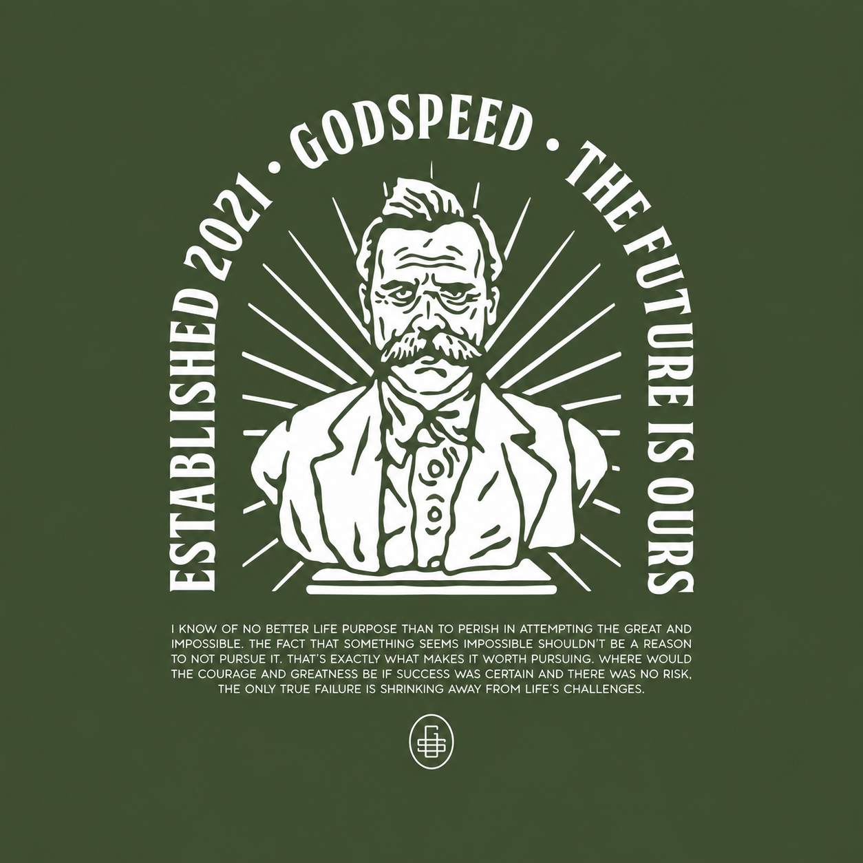 Nietzsche — approved design Approved Nietzsche design: a white portrait with radiating lines and arched lettering on an olive-green background.