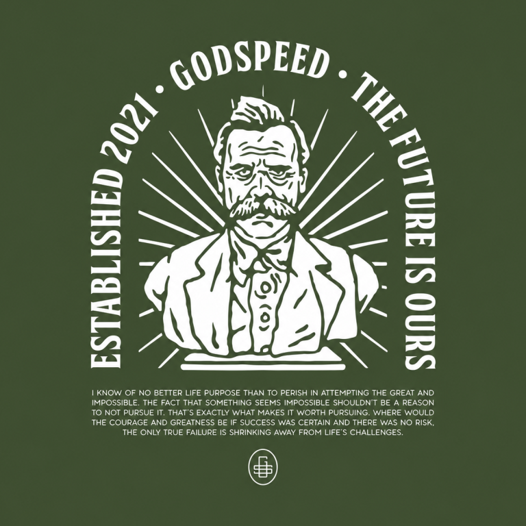 Approved Nietzsche design: a white portrait with radiating lines and arched lettering on an olive-green background.